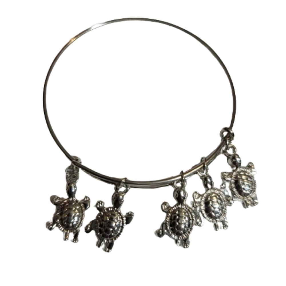 Bangle Turtlem Bracelet Silver Tone 5 small turtles adjustable cute unisex